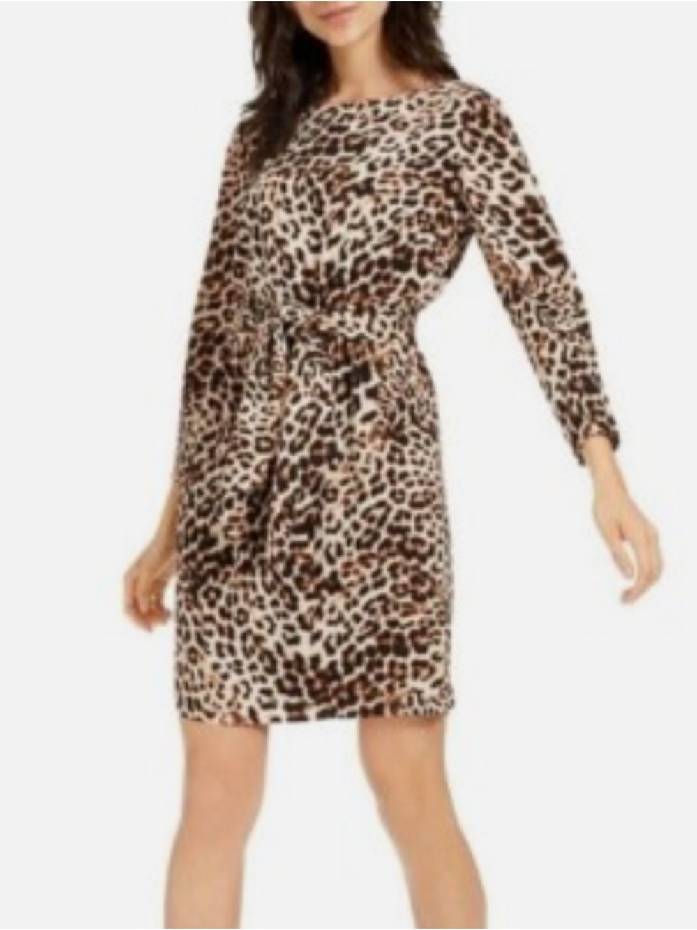 NWT Vince Camuto Long-Sleeve Leopard Print Tie-Waist Dress - Brown/Black
